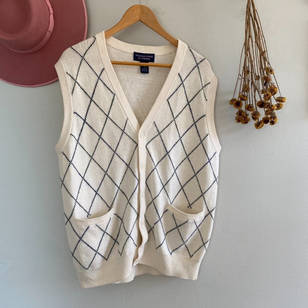 Y2k Minimal Cream Checked Button Up Sweater Vest - image 1